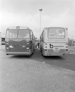 884696 Afbeelding een stadsbus van het GVU (links) en van een kleine stadsbus (een midibus, WN-7000) van ...